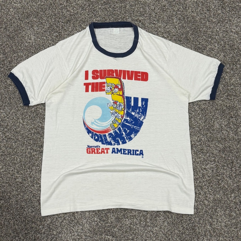 True Vintage 70s Marriotts Great America Tidal Wave Ringer T-Shirt Mens XL USA